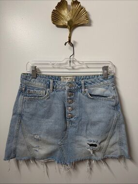 We The Free Light Blue Distressed Button-Front Denim Mini Skirt